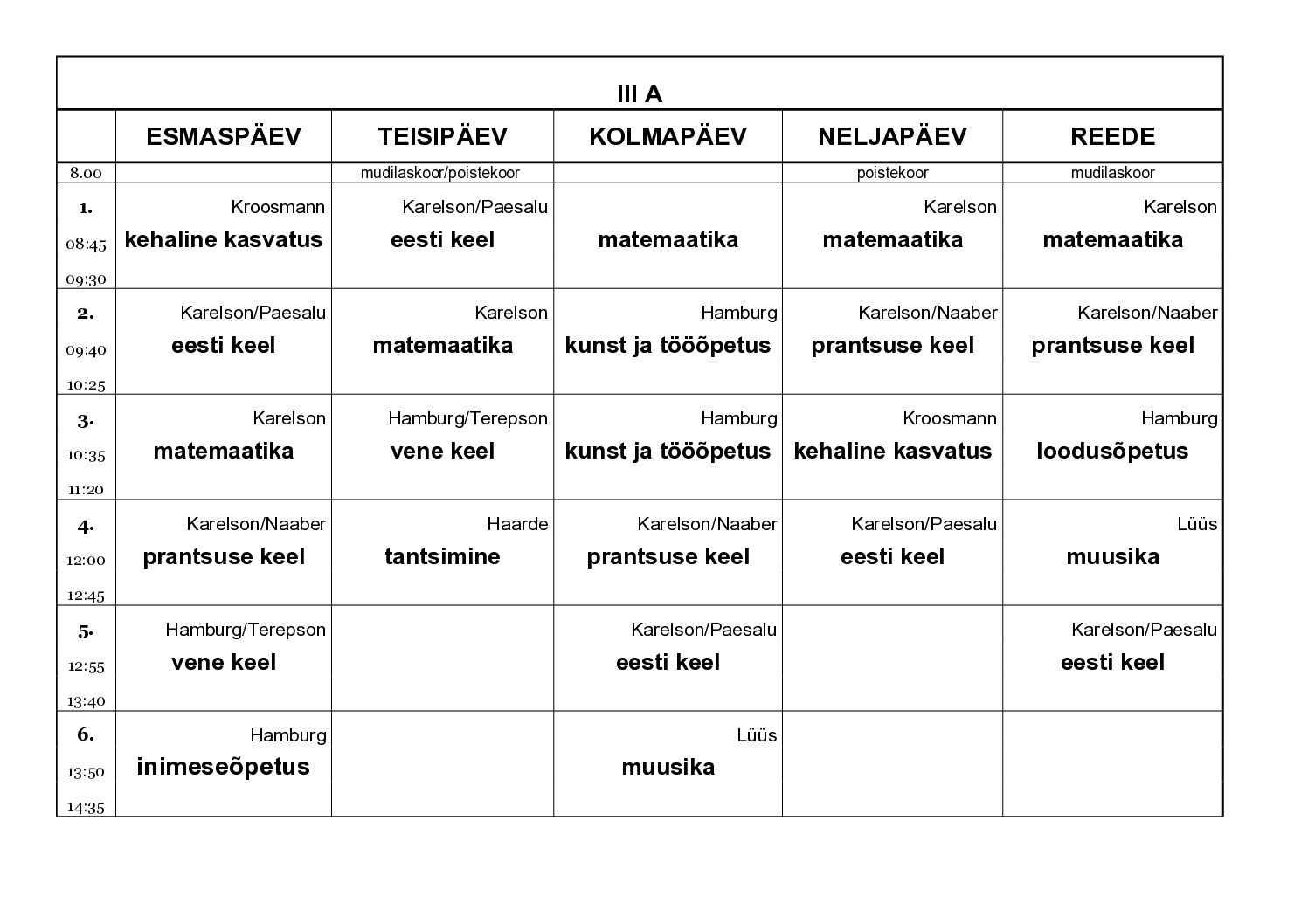 A klassi tunniplaan
