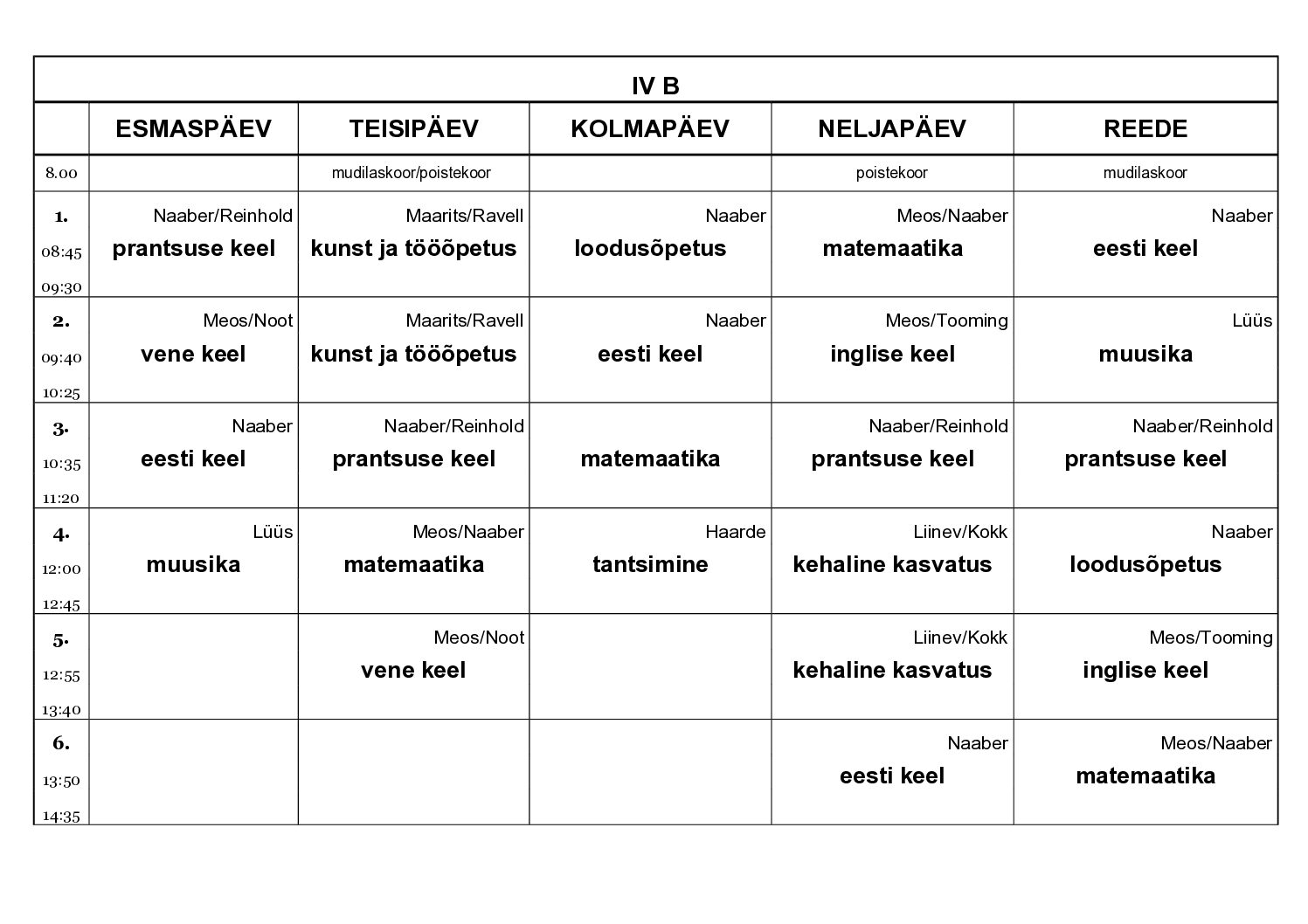 B klassi tunniplaan