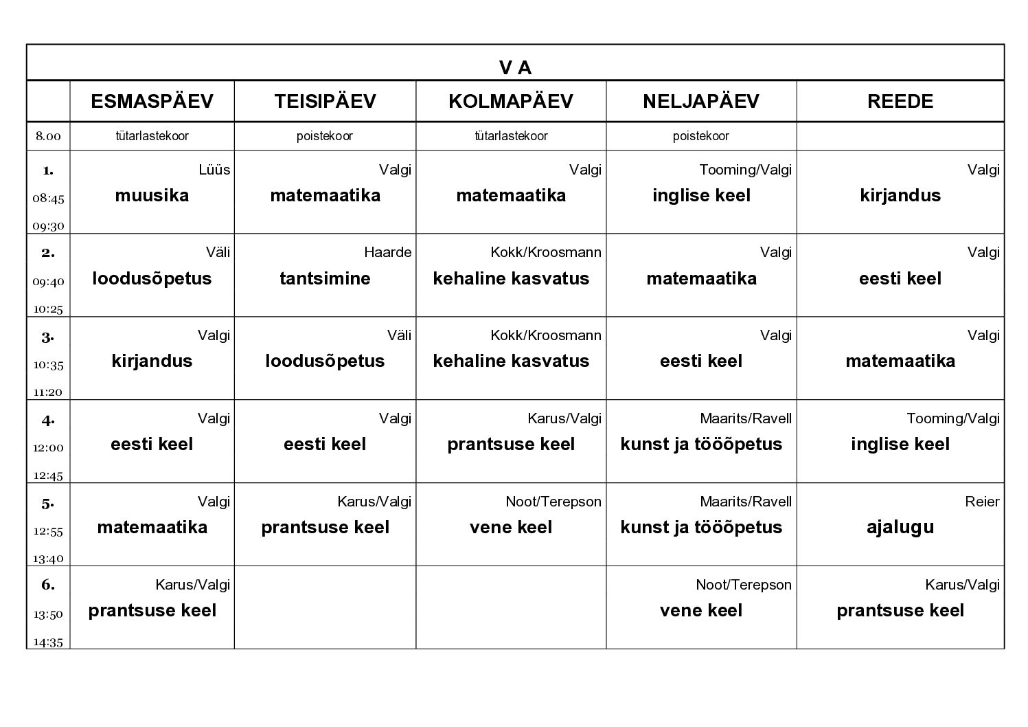 A klassi tunniplaan